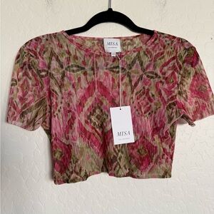 MISA Los Angeles Pink Patterned Sheer Crop Top - NEW WITH TAGS - XS